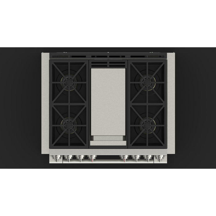 Fulgor Milano Sofia Pro 36-Inch Freestanding All-Gas Range, 600 Series, 4 Crescendo Dual Ring Brass Burners, Gas-Powered Trilaminate Griddle, Soft-Close Door