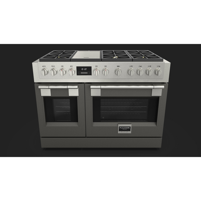 Fulgor Milano Sofia Pro 48-Inch Freestanding All-Gas Range, 600 Series, 6 Crescendo Dual Ring Brass Burners, Gas-Powered Trilaminate Griddle, 30-Inch Primary Oven, 18-Inch Companion Oven, Self-Clean, Soft-Close Door