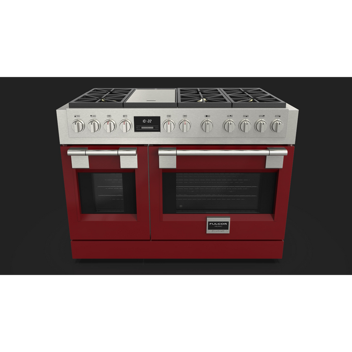 Fulgor Milano Sofia Pro 48-Inch Freestanding All-Gas Range, 600 Series, 6 Crescendo Dual Ring Brass Burners, Gas-Powered Trilaminate Griddle, 30-Inch Primary Oven, 18-Inch Companion Oven, Self-Clean, Soft-Close Door