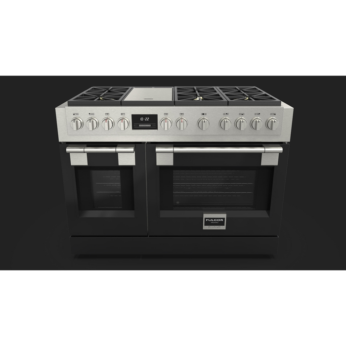 Fulgor Milano Sofia Pro 48-Inch Freestanding All-Gas Range, 600 Series, 6 Crescendo Dual Ring Brass Burners, Gas-Powered Trilaminate Griddle, 30-Inch Primary Oven, 18-Inch Companion Oven, Self-Clean, Soft-Close Door