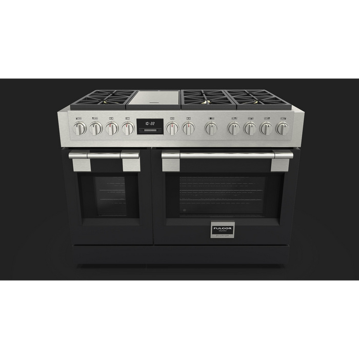 Fulgor Milano Sofia Pro 48-Inch Freestanding All-Gas Range, 600 Series, 6 Crescendo Dual Ring Brass Burners, Gas-Powered Trilaminate Griddle, 30-Inch Primary Oven, 18-Inch Companion Oven, Self-Clean, Soft-Close Door