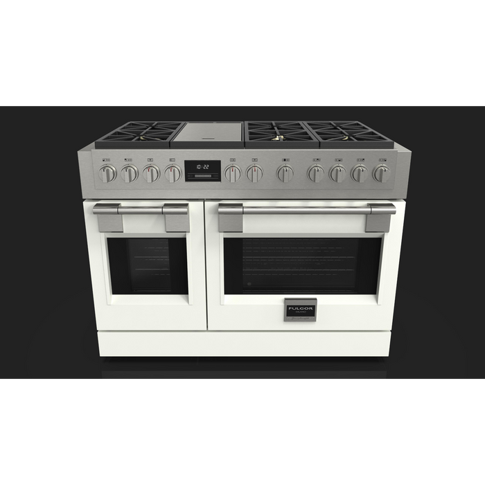 Fulgor Milano Sofia Pro 48-Inch Freestanding All-Gas Range, 600 Series, 6 Crescendo Dual Ring Brass Burners, Gas-Powered Trilaminate Griddle, 30-Inch Primary Oven, 18-Inch Companion Oven, Self-Clean, Soft-Close Door