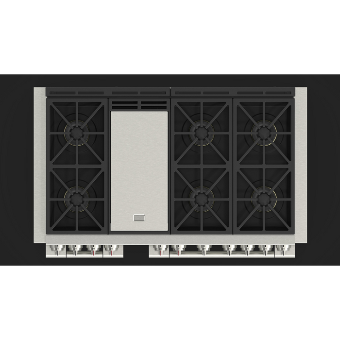 Fulgor Milano Sofia Pro 48-Inch Freestanding All-Gas Range, 600 Series, 6 Crescendo Dual Ring Brass Burners, Gas-Powered Trilaminate Griddle, 30-Inch Primary Oven, 18-Inch Companion Oven, Self-Clean, Soft-Close Door