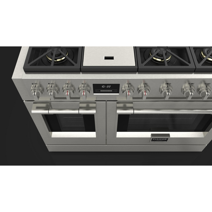 Fulgor Milano Sofia Pro 48-Inch Freestanding All-Gas Range, 600 Series, 6 Crescendo Dual Ring Brass Burners, Gas-Powered Trilaminate Griddle, 30-Inch Primary Oven, 18-Inch Companion Oven, Self-Clean, Soft-Close Door