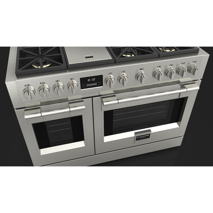 Fulgor Milano Sofia Pro 48-Inch Freestanding All-Gas Range, 600 Series, 6 Crescendo Dual Ring Brass Burners, Gas-Powered Trilaminate Griddle, 30-Inch Primary Oven, 18-Inch Companion Oven, Self-Clean, Soft-Close Door