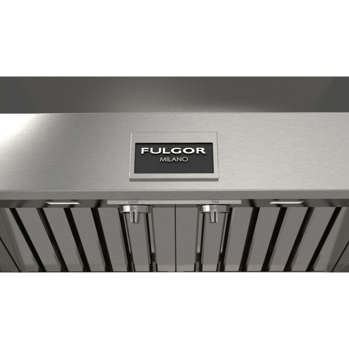 Fulgor Milano 30-Inch Pro Wall Hood, 600 Series, 600 CFM, 18-Inch Depth, Baffle Filters, Knob Control