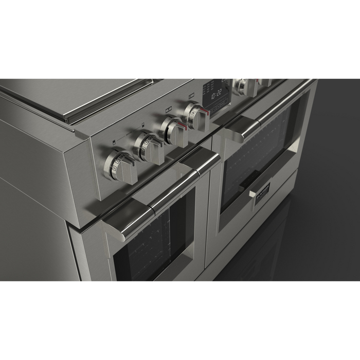 Fulgor Milano Sofia Pro 48-Inch Freestanding Induction Range, 600 Series, 5 Quantum Induction Burners, 2-Zone Quantum Induction Trilaminate Griddle, 30-Inch Primary Oven, 18-Inch Companion Oven, Self-Clean, Soft-Close Door