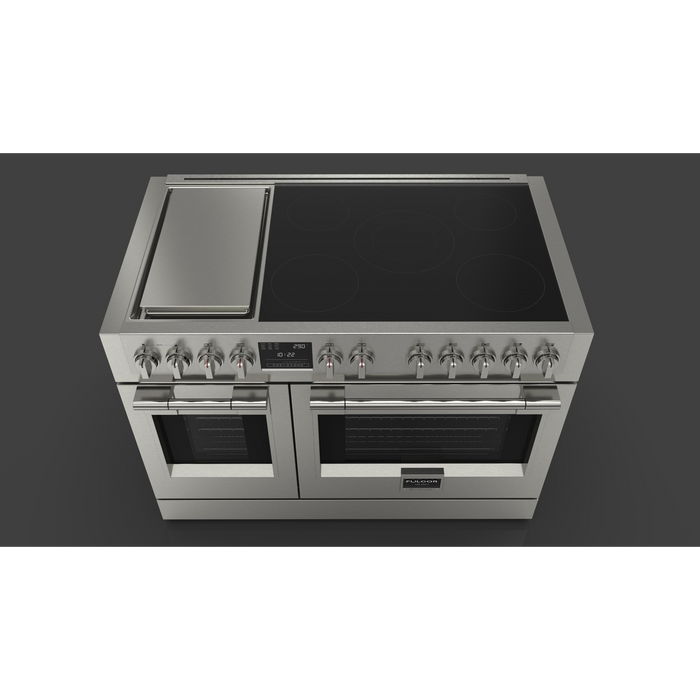 Fulgor Milano Sofia Pro 48-Inch Freestanding Induction Range, 600 Series, 5 Quantum Induction Burners, 2-Zone Quantum Induction Trilaminate Griddle, 30-Inch Primary Oven, 18-Inch Companion Oven, Self-Clean, Soft-Close Door