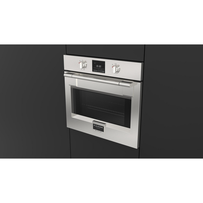 Fulgor Milano 30-Inch Pro Built-In Electric Single Oven, 600 Series, Self-Clean, Dual Convection, Multi-Pass Broiler, Soft-Close Door, 2 Standard Racks, 1 Telescopic Rack, Stainless Steel Finish