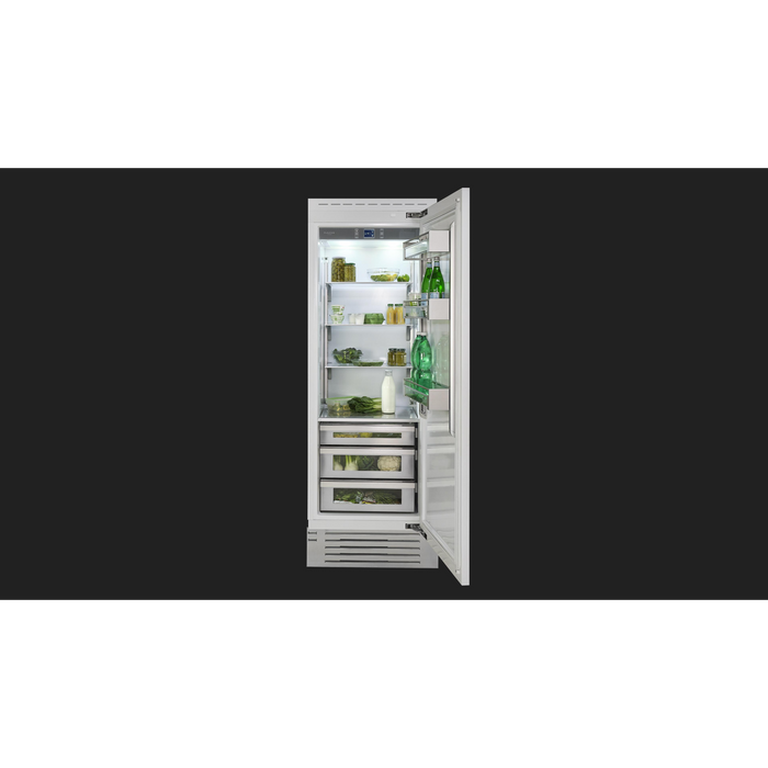 Fulgor Milano 13.03 cu.ft Pro Integrated Column Refrigerator, 700 Series, RH, Overlay, Bottom Compressor, Metal Interior, Soft-Closing Stainless Crispers