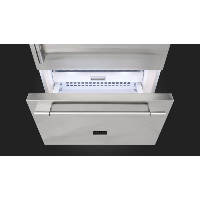 Fulgor Milano 18.5 cu.ft Pro Fridge/Freezer, 700 Series, RH, Stainless Cladded Top Compressor Unit, Pro Badge, Handle, Single Convertible Bottom Drawer, 2 Temp Zones, White Interior, Ice Maker