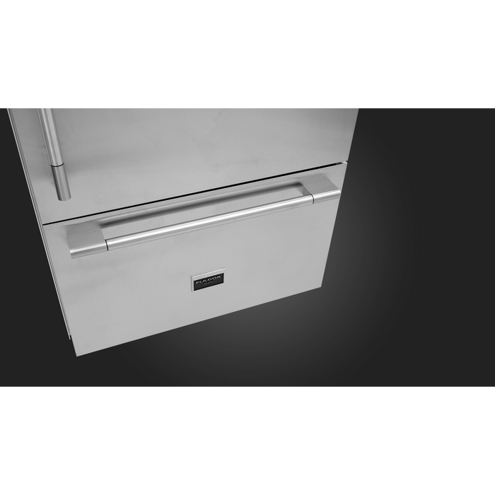 Fulgor Milano 18.5 cu.ft Pro Fridge/Freezer, 700 Series, RH, Stainless Cladded Top Compressor Unit, Pro Badge, Handle, Single Convertible Bottom Drawer, 2 Temp Zones, White Interior, Ice Maker