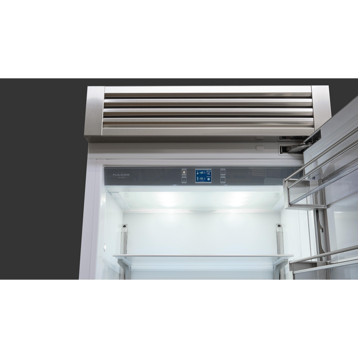 Fulgor Milano 18.5 cu.ft Pro Fridge/Freezer, 700 Series, RH, Stainless Cladded Top Compressor Unit, Pro Badge, Handle, Single Convertible Bottom Drawer, 2 Temp Zones, White Interior, Ice Maker