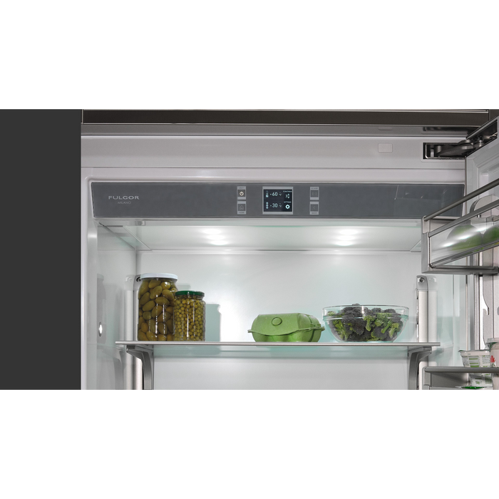 Fulgor Milano 18.5 cu.ft Pro Fridge/Freezer, 700 Series, RH, Stainless Cladded Top Compressor Unit, Pro Badge, Handle, Single Convertible Bottom Drawer, 2 Temp Zones, White Interior, Ice Maker