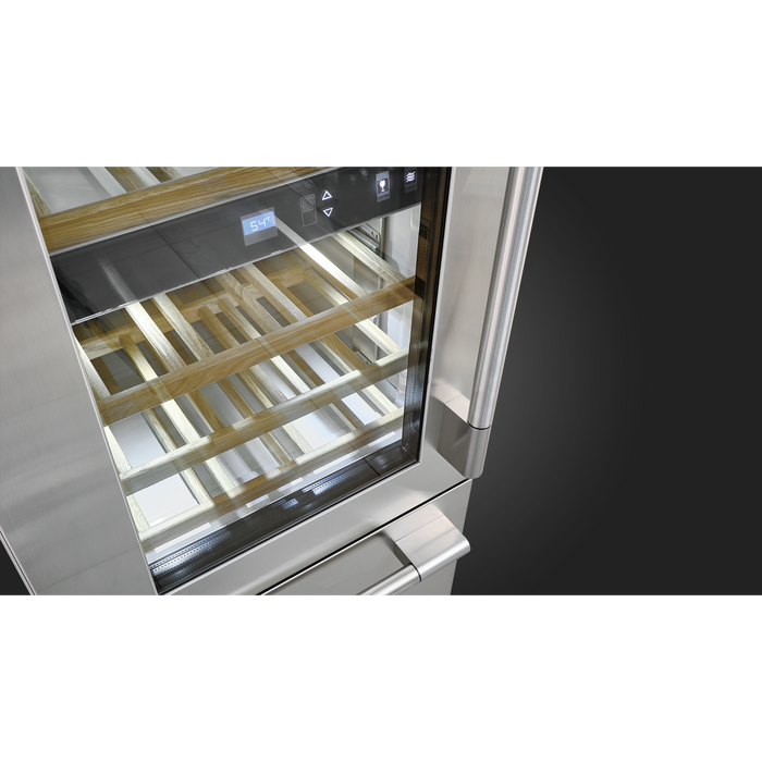 Fulgor Milano 24-Inch Pro Wine/Freezer, 700 Series, LH, Stainless Cladded Top Compressor Unit, Pro Badge, Handle, Single Convertible Bottom Drawer, 3 Temp Zones, White Interior, No Ice Maker