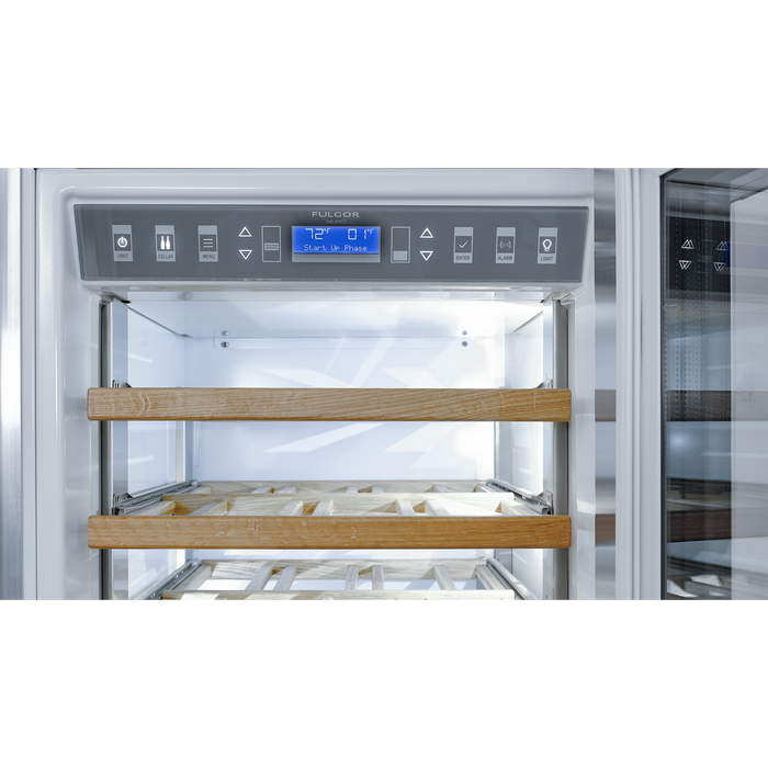 Fulgor Milano 24-Inch Pro Wine/Freezer, 700 Series, RH, Stainless Cladded Top Compressor Unit, Pro Badge, Handle, Single Convertible Bottom Drawer, 3 Temp Zones, White Interior, No Ice Maker