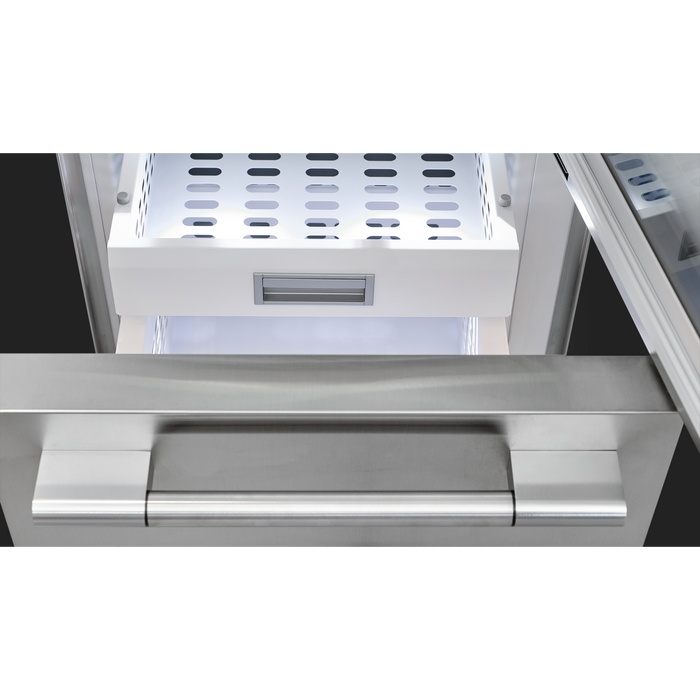 Fulgor Milano 24-Inch Pro Wine/Freezer, 700 Series, RH, Stainless Cladded Top Compressor Unit, Pro Badge, Handle, Single Convertible Bottom Drawer, 3 Temp Zones, White Interior, No Ice Maker