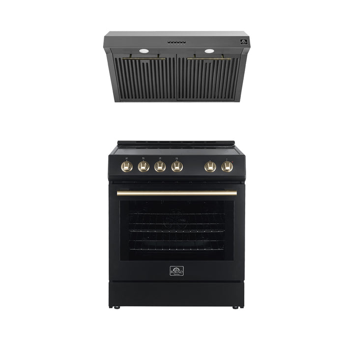 FORNO Premium 2-Piece Kitchen Bundle - Leonardo Espresso 30" Black Range, 30" Black Range Hood - FBDL-002-02US