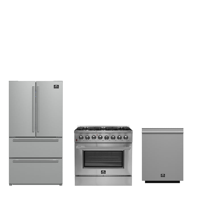 FORNO Premium 3-Piece Kitchen Bundle - Galiano 36" Dual Fuel Range, 36" Built-In Refrigerator, 24" Built-In Dishwasher - FBDL-004-02CAUS