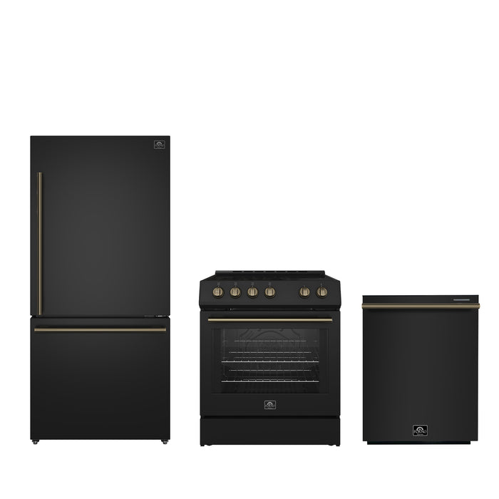 FORNO Premium 3-Piece Kitchen Bundle - Leonardo Espresso 30" Black Range, 31" Black Bottom Freezer Refrigerator, 24" Black Built-In Dishwasher - FBDL-007-02US