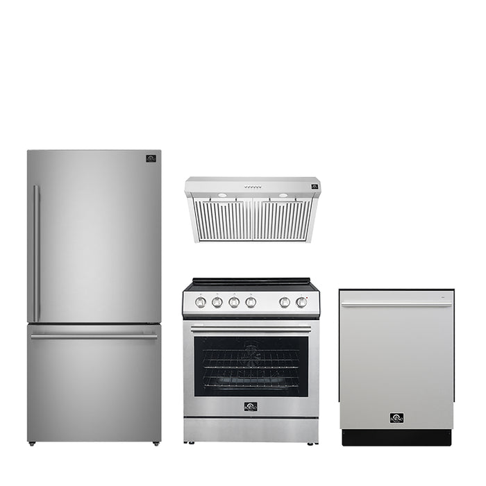 FORNO Premium 4-Piece Kitchen Bundle - 30" Electric Range, 30" Range Hood, 31" French Door Refrigerator, 24" Built-In Dishwasher, Stainless Steel - FBDL-010-01US