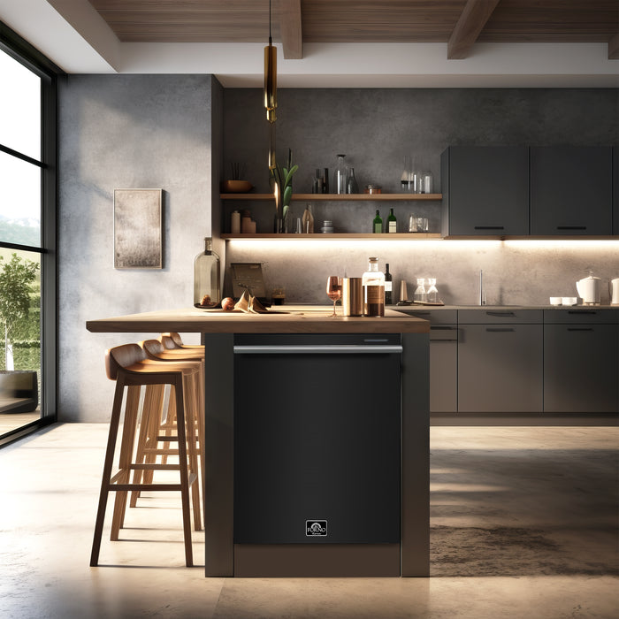 FORNO Premium 4-Piece Kitchen Bundle - Leonardo Espresso 30" Black Electric Range, 30" Black Range Hood, 31" Black Bottom Freezer Refrigerator, 24" Black Built-In Dishwasher - FBDL-006-02US