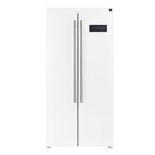 White refrigerator with side-by-side doors on a white background