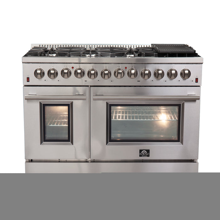 FORNO Premium 3-Piece Kitchen Bundle - FORNO Galiano 48" Freestanding Dual Fuel Range, FORNO Rizzuto 60" W. Dual Combo Convertible Refrigerator, FORNO 48" Wall Mount Range Hood - FBDL-017-02US