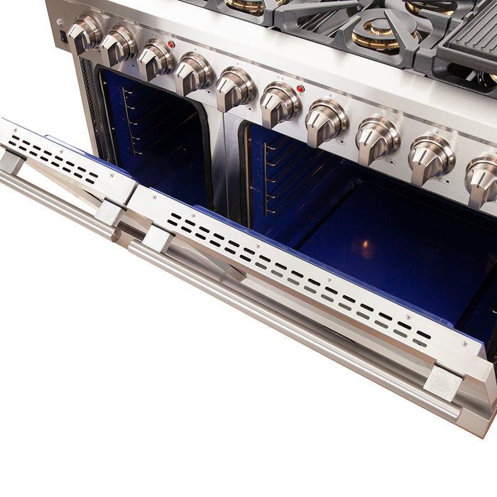 FORNO Capriasca 48-inch Gas Range Stainless Steel, 8 Brass Burners 160,000 BTU, 6.58 cu.ft. Double Oven