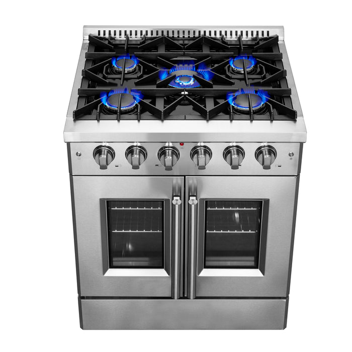 Forno Galiano 30-Inch Freestanding French Door Gas Range, 4 Burners, Convection Oven, Energy Efficient