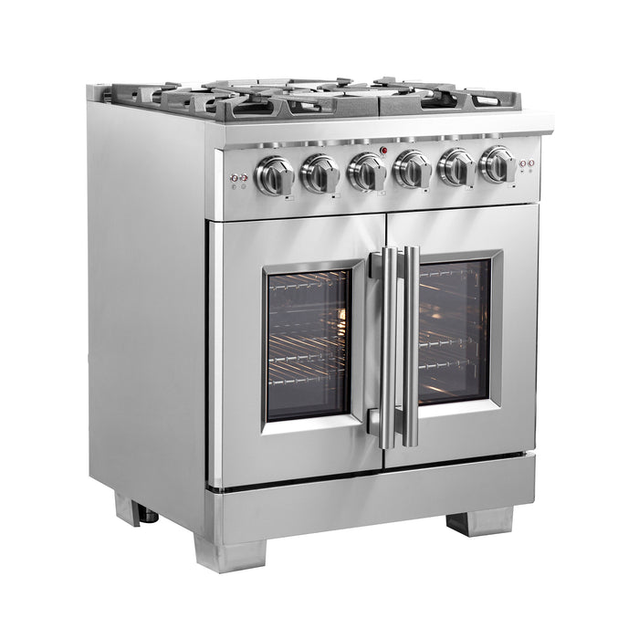 Forno Capriasca 30-Inch Freestanding French Door Gas Range, 4 Burners, Convection Oven, Energy Efficient