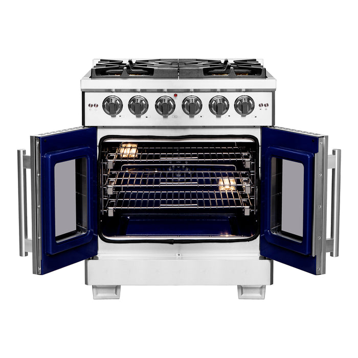 Forno Capriasca 30-Inch Freestanding French Door Gas Range, 4 Burners, Convection Oven, Energy Efficient