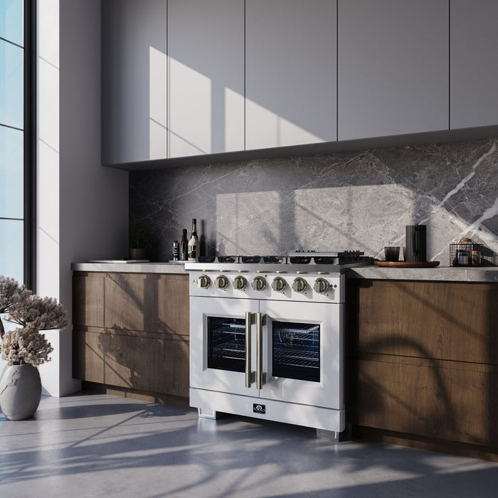 Forno Capriasca 36-Inch White Freestanding French Door Gas Range, 6 Burners, Convection Oven, Energy Efficient