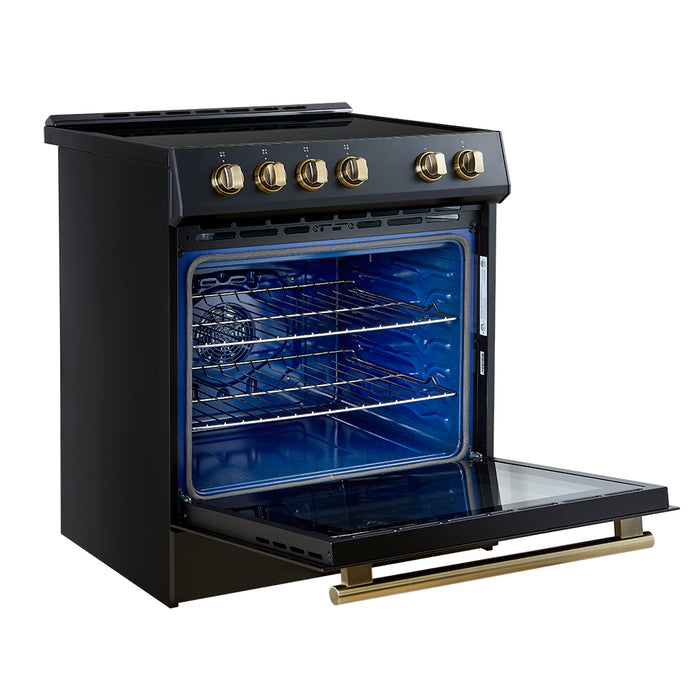 Forno Leonardo Espresso 30-Inch Slide-In Black Induction Range, Convection Oven, 5 Cooking Zones, Touch Control Panel