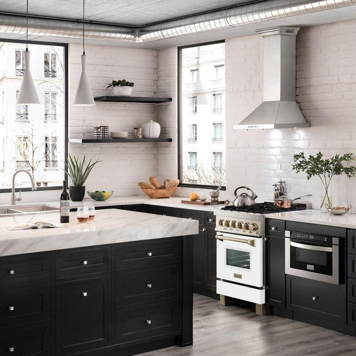 ZLINE Autograph Edition 24", 30", 36", 48", & 60" Legacy Dual Fuel Range with White Matte Doors—Champagne Bronze, Polished Gold, and Matte Black Accents RAZ-WM Series.