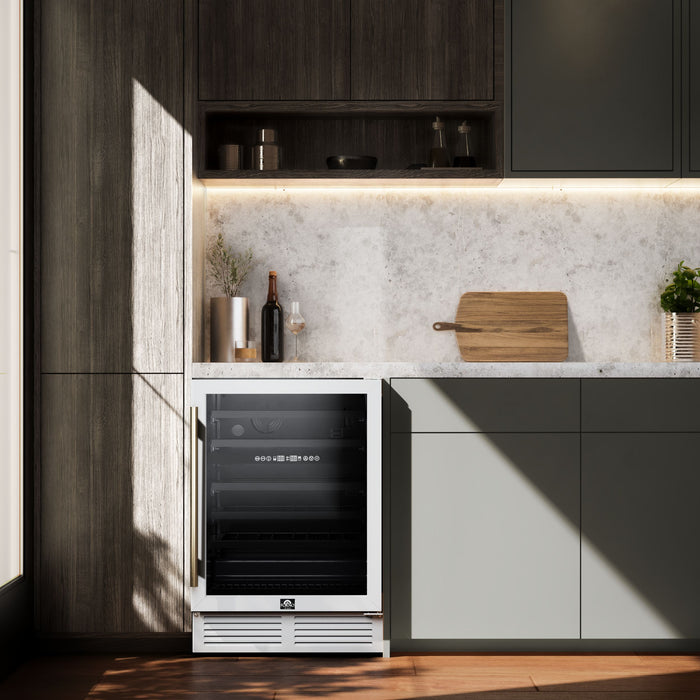 Forno Bacchino 24 Inch Wine Cooler, White with Antique Brass Handles, with LED Lighting, Triple Glass Door, 51 Bottle Capacity, Built-In or Freestanding