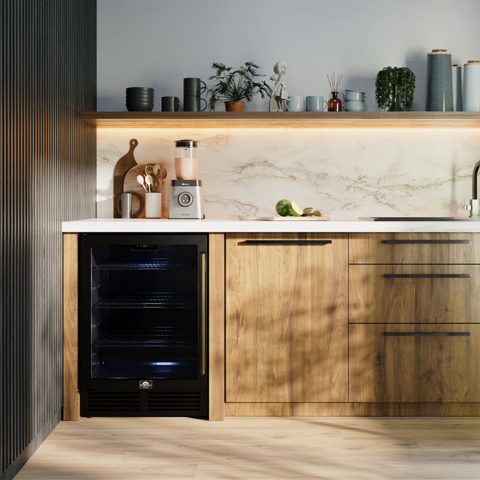 Forno Frescolino 24 Inch Beverage Cooler, Black with Antique Brass Handles, with LED Lighting, Triple Glass Door, 188 Can Capacity, Built-In or Freestanding