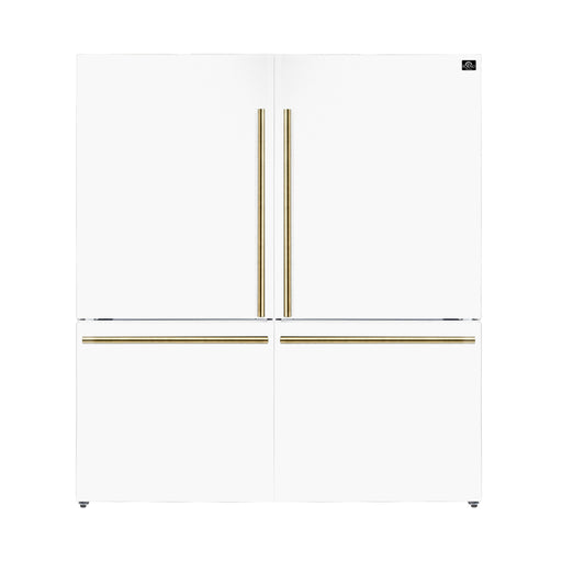 A white freestanding dual bottom freezer refrigerator with two doors and gold-colored handles.