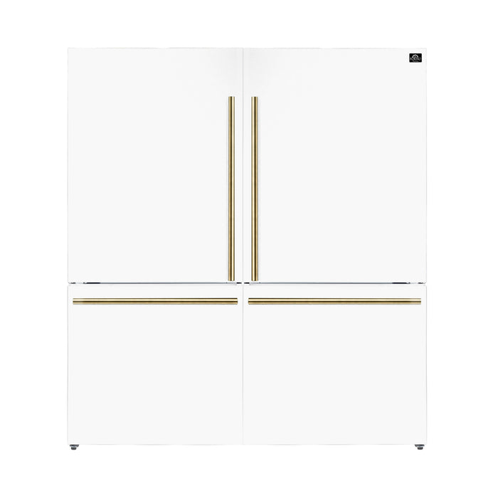 A white freestanding dual bottom freezer refrigerator with two doors and gold-colored handles.