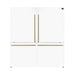 A white freestanding dual bottom freezer refrigerator with two doors and gold-colored handles.
