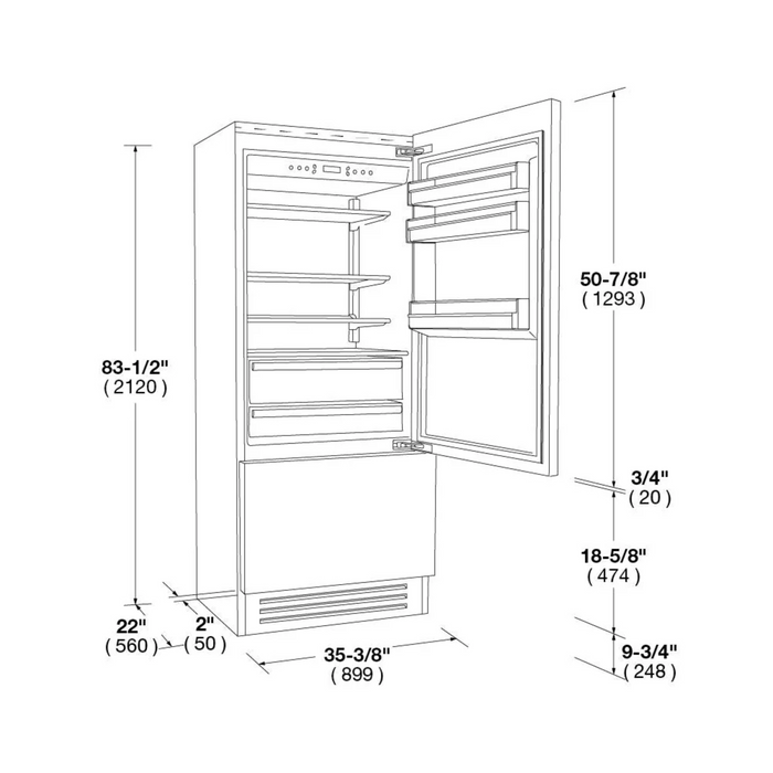 Fulgor Milano 18.5 cu.ft Pro Integrated Fridge/Freezer, 700 Series, LH, Overlay, Bottom Compressor Unit, Single Convertible Bottom Drawer, 2 Temp Zones, White Interior, Ice Maker