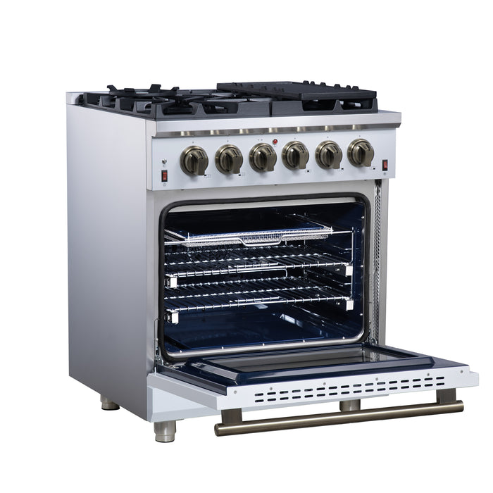 Forno Massimo 30-Inch White Freestanding Gas Range, 4 Burners, True Convection Oven