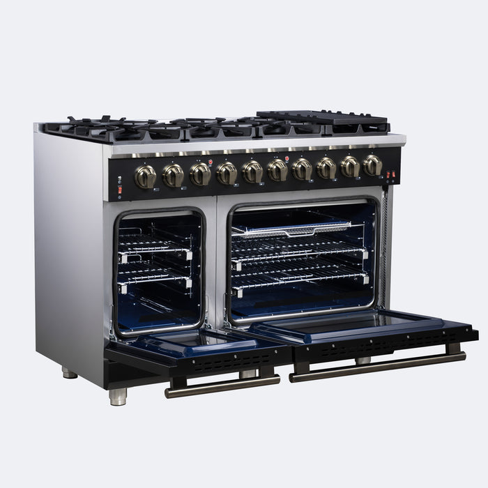 Forno Massimo 48-Inch Black Freestanding Gas Range, 8 Burners, True Convection Oven