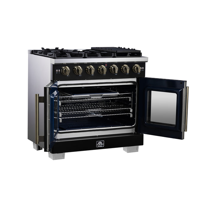 Forno Capriasca 36-Inch Black Freestanding French Door Gas Range, 6 Burners, Convection Oven, Energy Efficient