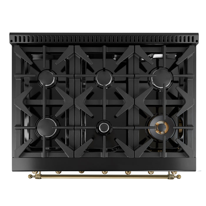 Forno Antico 36-Inch Freestanding Gas Range, Black, Antique Brass Design, 6 Burners, Convection Oven, Energy Efficient