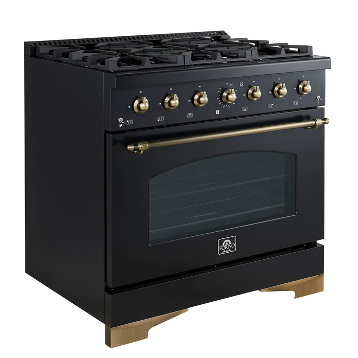 Forno Antico 36-Inch Freestanding Gas Range, Black, Antique Brass Design, 6 Burners, Convection Oven, Energy Efficient