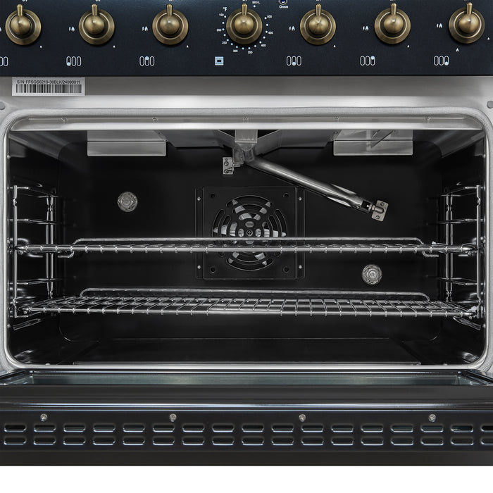 Forno Antico 36-Inch Freestanding Gas Range, Black, Antique Brass Design, 6 Burners, Convection Oven, Energy Efficient