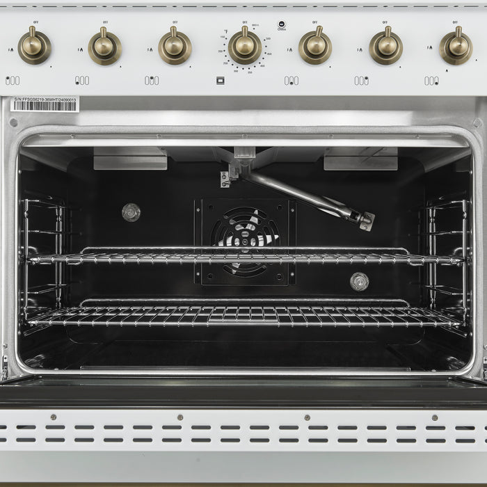 Forno Antico 36-Inch Freestanding Gas Range, White, Antique Brass Design, 6 Burners, Convection Oven, Energy Efficient