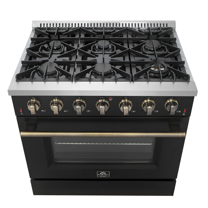 Forno Galiano 36-inch Freestanding Gas Range in Black with Antique Brass Design, 6 Burners, 83,000 BTU, 5.36 cu.ft. Convection Oven