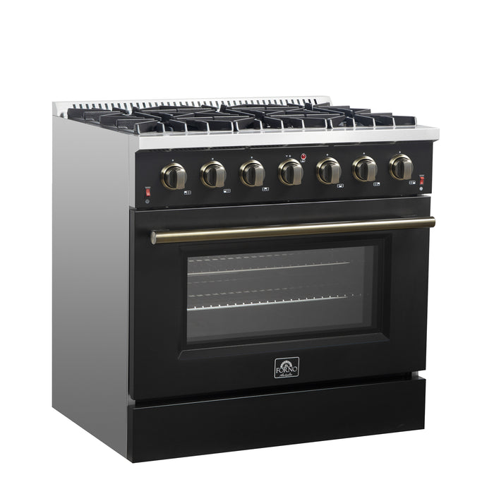 Forno Galiano 36-inch Freestanding Gas Range in Black with Antique Brass Design, 6 Burners, 83,000 BTU, 5.36 cu.ft. Convection Oven